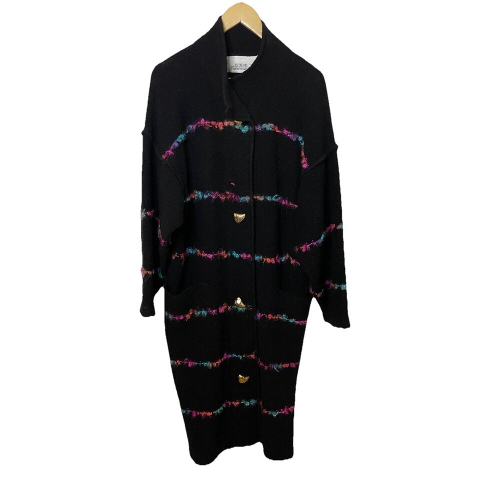 Steve Fabrikant VTG 80s Long Black Wool Knit Sweater Jacket Artsy M/L/XL